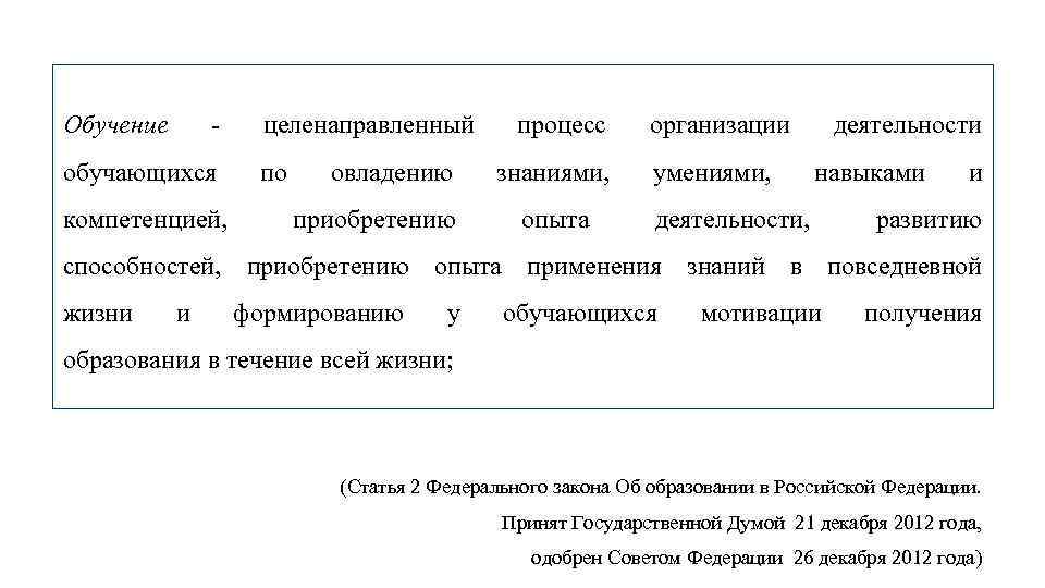 Обучение - целенаправленный обучающихся по компетенцией, овладению приобретению процесс знаниями, опыта организации умениями, деятельности