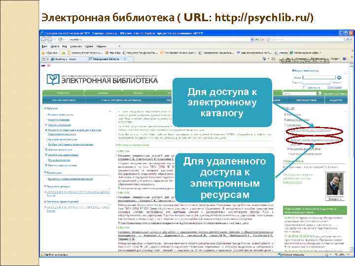 Электронная библиотека ( URL: http: //psychlib. ru/) Для доступа к электронному каталогу Для удаленного