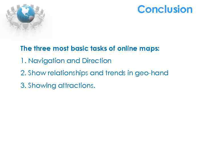 Conclusion The three most basic tasks of online maps: 1. Navigation and Direction 2.