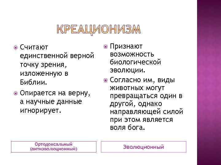 Считают единственной верной точку зрения, изложенную в Библии. Опирается на верну, а научные данные