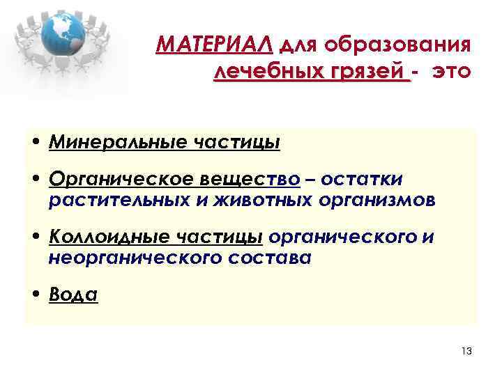МАТЕРИАЛ для образования лечебных грязей - это • Минеральные частицы • Органическое вещество –