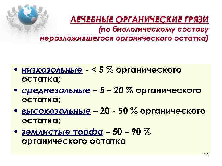 ЛЕЧЕБНЫЕ ОРГАНИЧЕСКИЕ ГРЯЗИ (по биологическому составу неразложившегося органического остатка) • низкозольные - < 5
