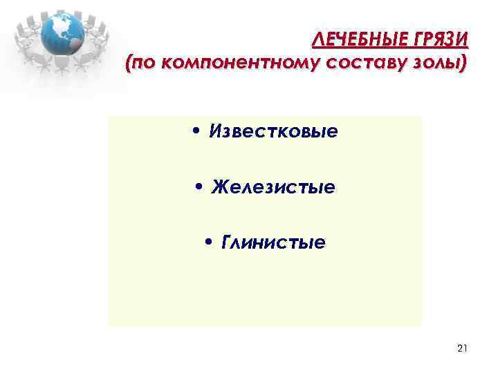 ЛЕЧЕБНЫЕ ГРЯЗИ (по компонентному составу золы) • Известковые • Железистые • Глинистые 21 