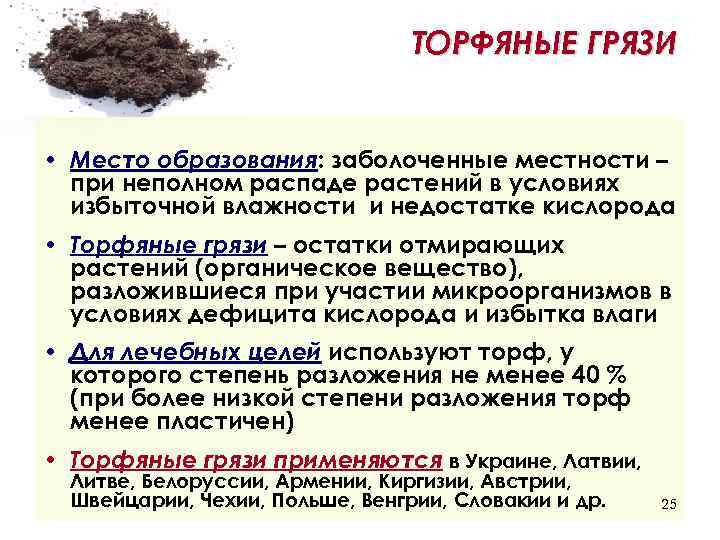 ТОРФЯНЫЕ ГРЯЗИ • Место образования: заболоченные местности – при неполном распаде растений в условиях