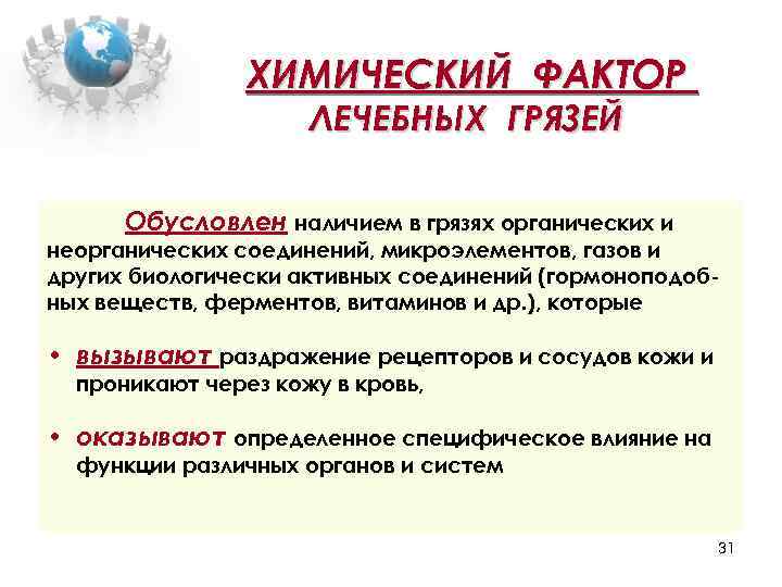 ХИМИЧЕСКИЙ ФАКТОР ЛЕЧЕБНЫХ ГРЯЗЕЙ Обусловлен наличием в грязях органических и неорганических соединений, микроэлементов, газов