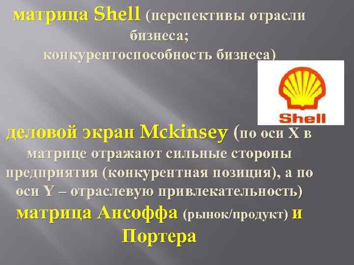 матрица Shell (перспективы отрасли бизнеса; конкурентоспособность бизнеса) деловой экран Mckinsey (по оси X в