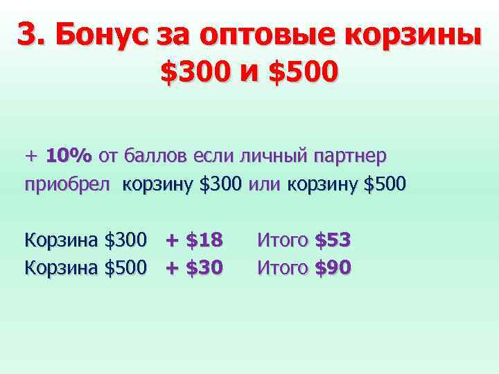 3. Бонус за оптовые корзины $300 и $500 + 10% от баллов если личный