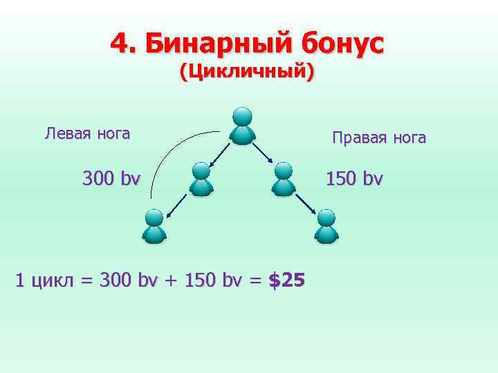 4. Бинарный бонус (Цикличный) Левая нога 300 bv 1 цикл = 300 bv +