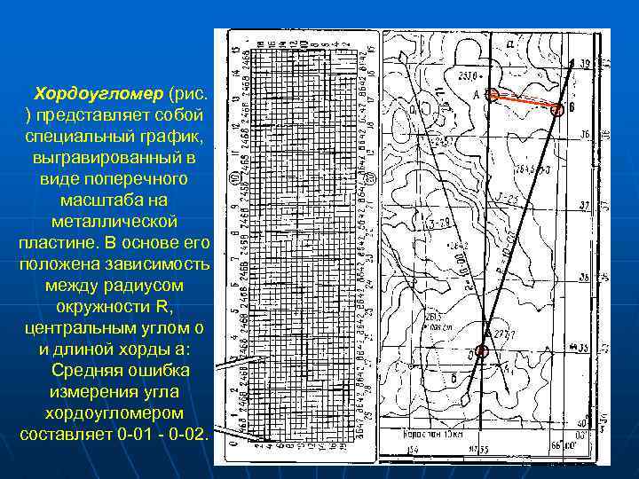Хордоугломер (рис. ) представляет собой специальный график, выгравированный в виде поперечного масштаба на металлической