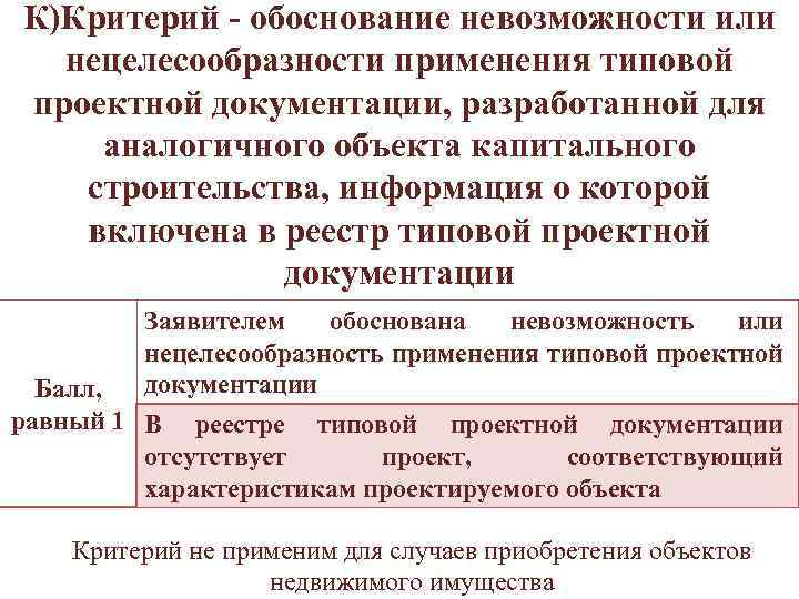 К)Критерий - обоснование невозможности или нецелесообразности применения типовой проектной документации, разработанной для аналогичного объекта