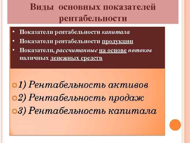 Виды основных показателей рентабельности • Показатели рентабельности капитала • Показатели рентабельности продукции • Показатели,