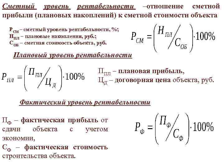 Сметный уровень рентабельности –отношение сметной прибыли (плановых накоплений) к сметной стоимости объекта РСМ –