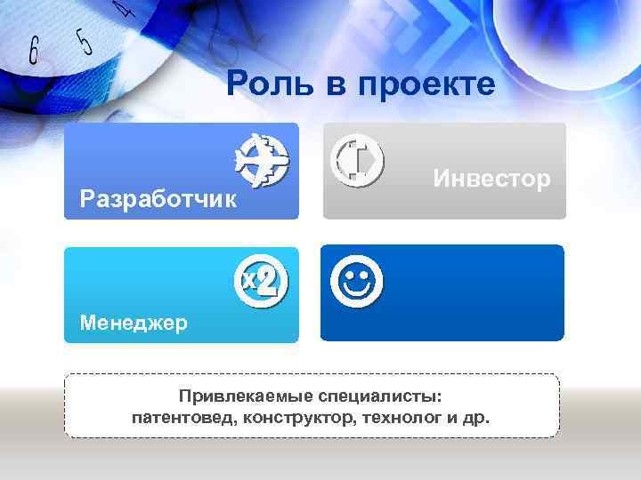 Роль в проекте Разработчик Инвестор Менеджер Привлекаемые специалисты: патентовед, конструктор, технолог и др. 