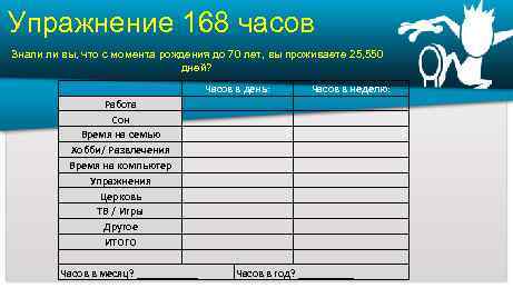 Упражнение 168 часов Знали ли вы, что с момента рождения до 70 лет, вы