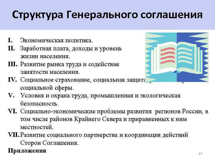 Структура Генерального соглашения I. Экономическая политика. II. Заработная плата, доходы и уровень жизни населения.