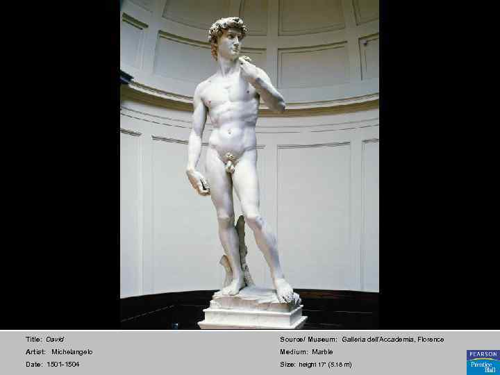 Title: David Source/ Museum: Galleria dell'Accademia, Florence Artist: Michelangelo Medium: Marble Date: 1501 -1504