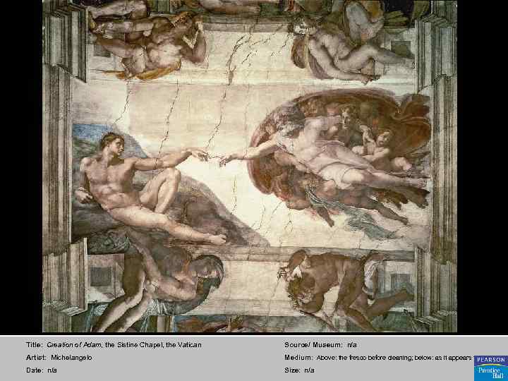 Title: Creation of Adam, the Sistine Chapel, the Vatican Source/ Museum: n/a Artist: Michelangelo