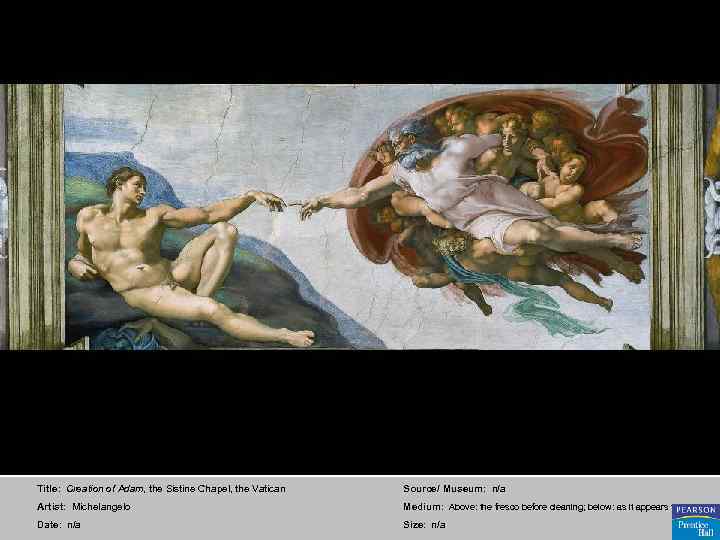 Title: Creation of Adam, the Sistine Chapel, the Vatican Source/ Museum: n/a Artist: Michelangelo