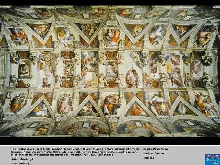 Title: Sistine Ceiling. Top to bottom: Expulsion (center); Creation of Eve with Ezekiel (left)