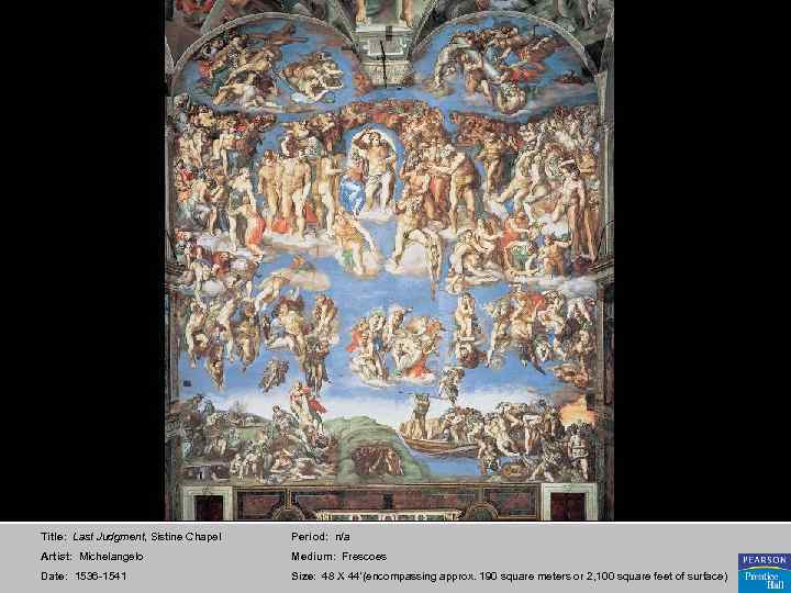 Title: Last Judgment, Sistine Chapel Period: n/a Artist: Michelangelo Medium: Frescoes Date: 1536 -1541