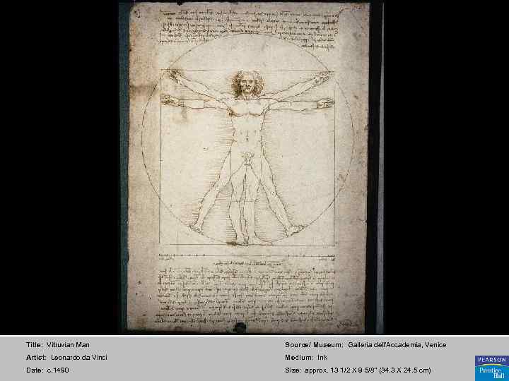 Title: Vitruvian Man Source/ Museum: Galleria dell'Accademia, Venice Artist: Leonardo da Vinci Medium: Ink