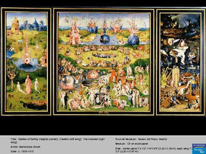 Title: Garden of Earthly Delights (center); Creation (left wing); The Damned (right wing) Artist: