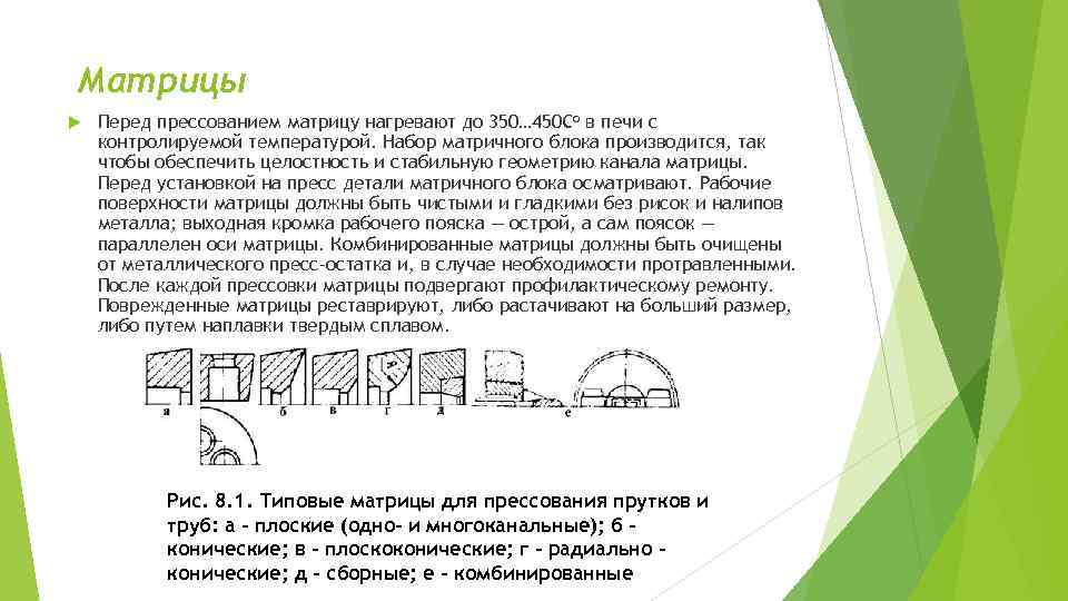  Матрицы Перед прессованием матрицу нагревают до 350… 450 Со в печи с контролируемой