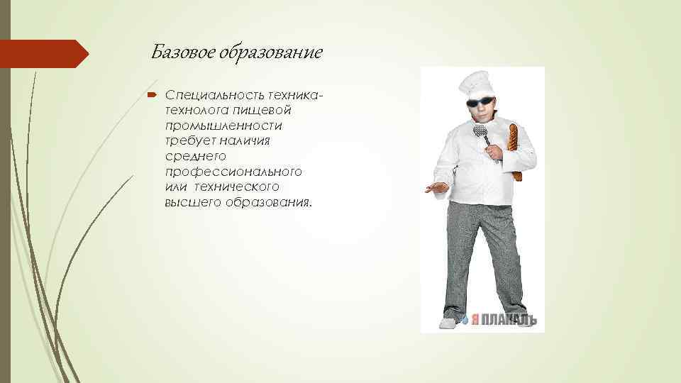 Базовое образование Специальность техникатехнолога пищевой промышленности требует наличия среднего профессионального или технического высшего образования.