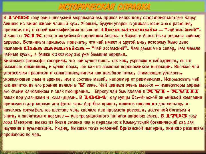 ИСТОРИЧЕСКАЯ СПРАВКА В 1763 году один шведский мореплаватель привез известному естествоиспытателю Карлу Линнею из