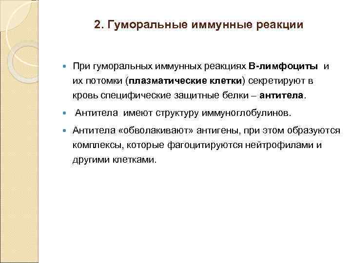 2. Гуморальные иммунные реакции При гуморальных иммунных реакциях В-лимфоциты и их потомки (плазматические клетки)