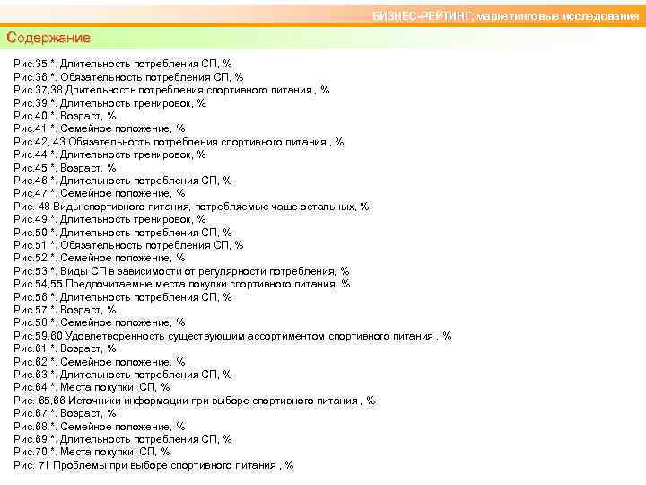 БИЗНЕС-РЕЙТИНГ, маркетинговые исследования Содержание Рис. 35 *. Длительность потребления СП, % Рис. 36 *.