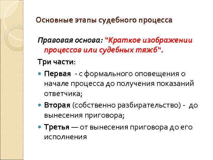 Основные этапы судебного процесса Правовая основа: “Краткое изображении процессов или судебных тяжб“. Три части: