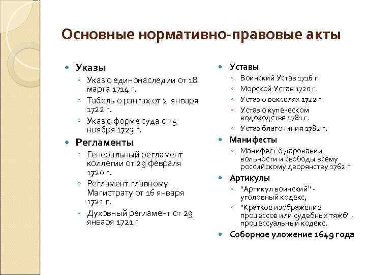 Основные нормативно-правовые акты Указы Регламенты ◦ ◦ Воинский Устав 1716 г. Морской Устав 1720