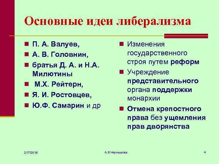 Основные идеи либерализма n П. А. Валуев, n Изменения n А. В. Головнин, государственного