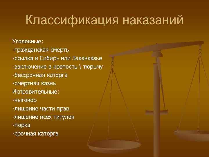 Классификация наказаний Уголовные: -гражданская смерть -ссылка в Сибирь или Закавказье -заключение в крепость 