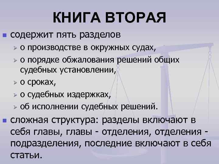 КНИГА ВТОРАЯ n содержит пять разделов о производстве в окружных судах, Ø о порядке