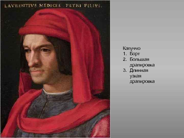 Капуччо 1. Борт 2. Большая драпировка 3. Длинная узкая драпировка 