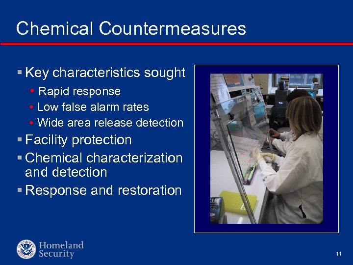 Chemical Countermeasures § Key characteristics sought • Rapid response • Low false alarm rates