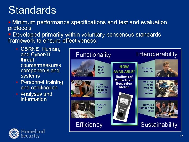 Standards § Minimum performance specifications and test and evaluation protocols § Developed primarily within