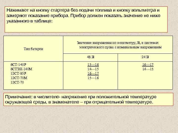 Нажимают на кнопку стартера без подачи топлива и кнопку вольтметра и замеряют показание прибора.