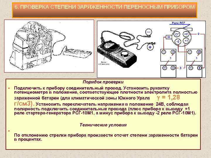 6. ПРОВЕРКА СТЕПЕНИ ЗАРЯЖЕННОСТИ ПЕРЕНОСНЫМ ПРИБОРОМ Порядок проверки Подключить к прибору соединительный провод. Установить