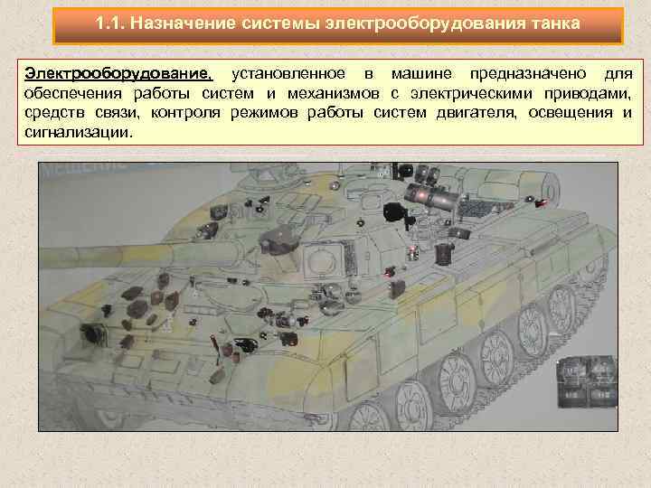 1. 1. Назначение системы электрооборудования танка Электрооборудование, установленное в машине предназначено для обеспечения работы