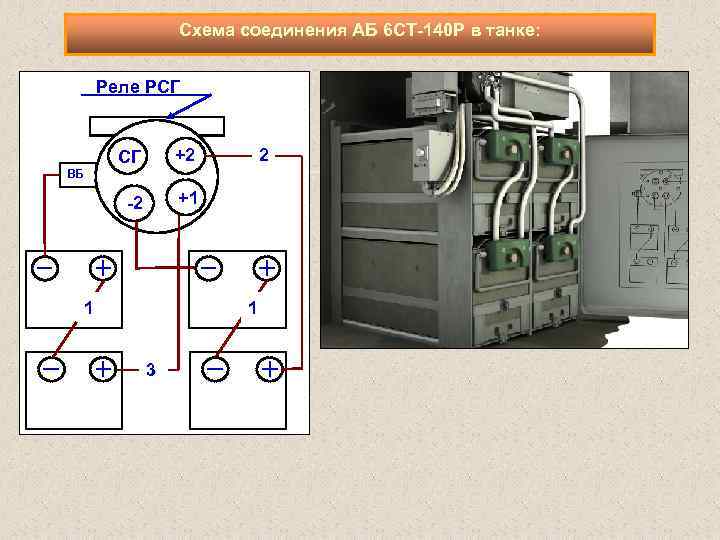 Схема соединения АБ 6 СТ 140 Р в танке: Реле РСГ 2 +2 2