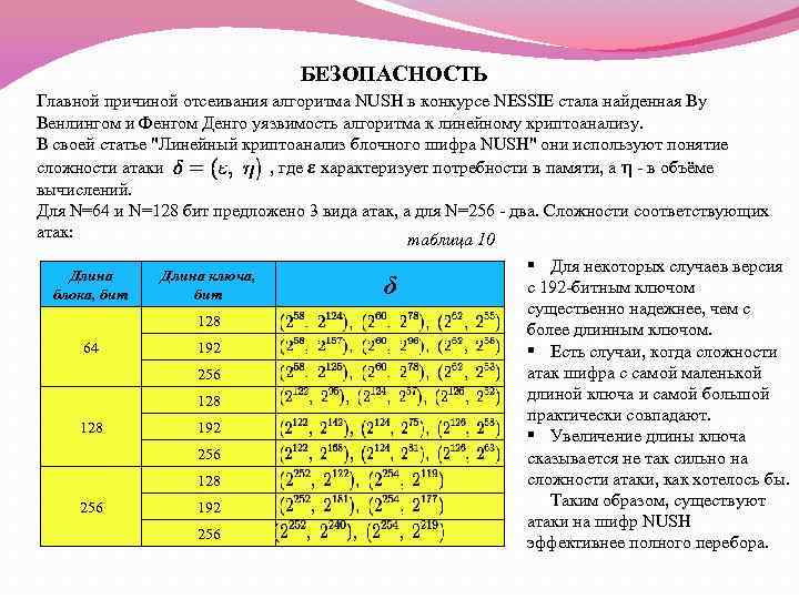 БЕЗОПАСНОСТЬ Главной причиной отсеивания алгоритма NUSH в конкурсе NESSIE стала найденная Ву Венлингом и