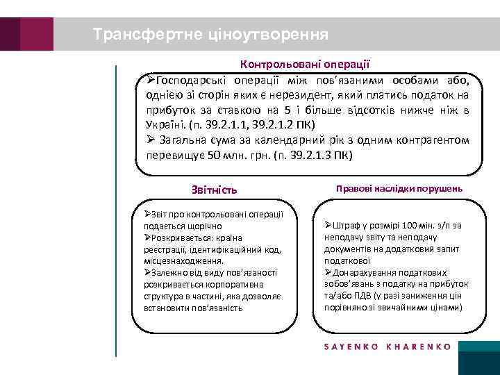 Трансфертне ціноутворення Контрольовані операції ØГосподарські операції між пов’язаними особами або, однією зі сторін яких