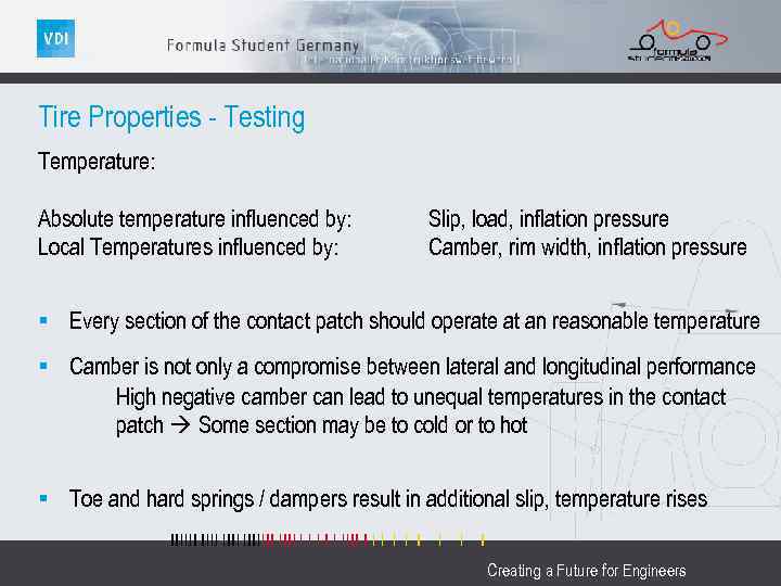 Tire Properties - Testing Temperature: Absolute temperature influenced by: Local Temperatures influenced by: Slip,
