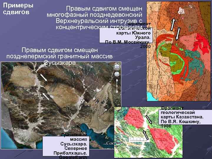 Примеры сдвигов Правым сдвигом смещен многофазный позднедевонский Верхнеуральский интрузив с Фрагмент концентрическим строением геологической