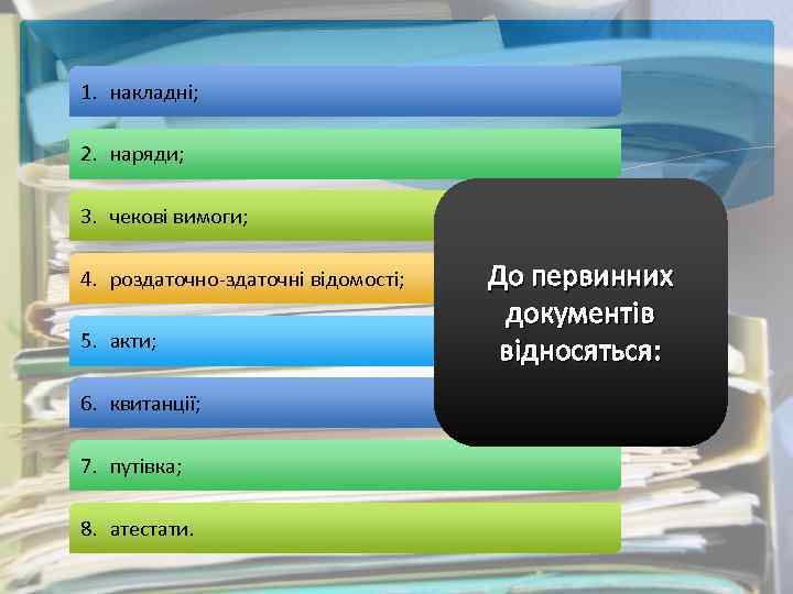 1. накладні; 2. наряди; 3. чекові вимоги; 4. роздаточно-здаточні відомості; 5. акти; 6. квитанції;