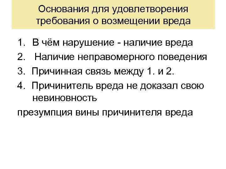 Основания для удовлетворения требования о возмещении вреда 1. 2. 3. 4. В чём нарушение