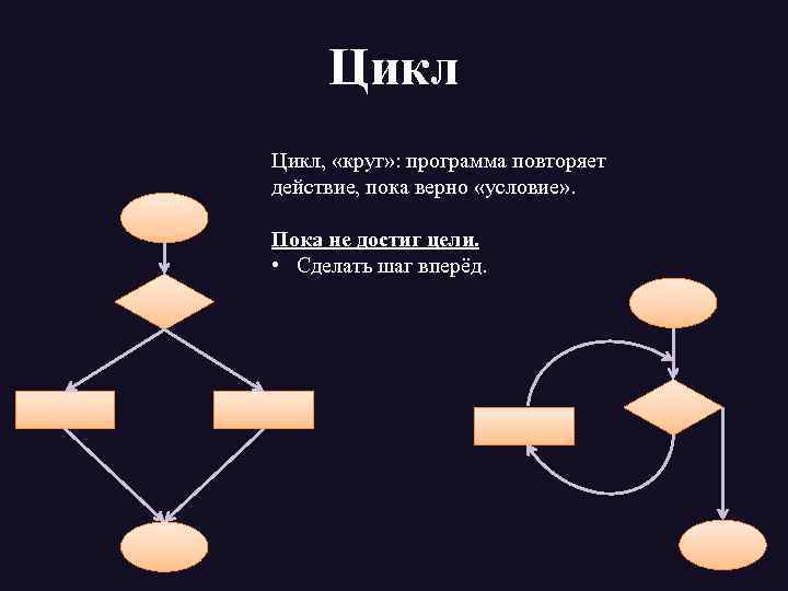 Цикл, «круг» : программа повторяет действие, пока верно «условие» . Пока не достиг цели.